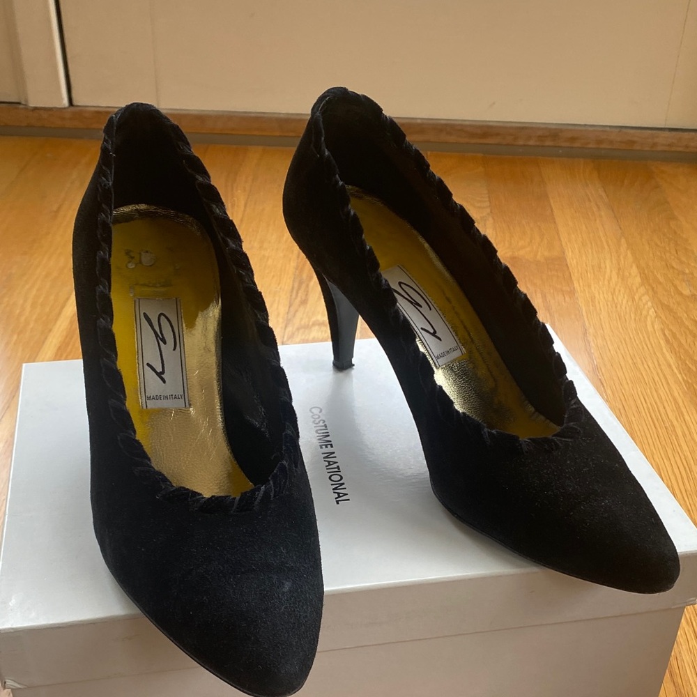 Black Suede Pointed-Toe High Heel Pumps with Braided Trim
